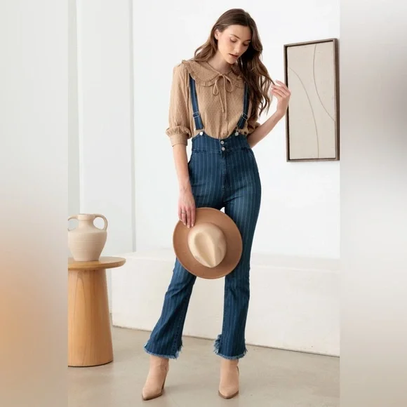 NWT-Striped Pattern Stretched Suspender Denim Jumpsuit - Picture 3 of 7